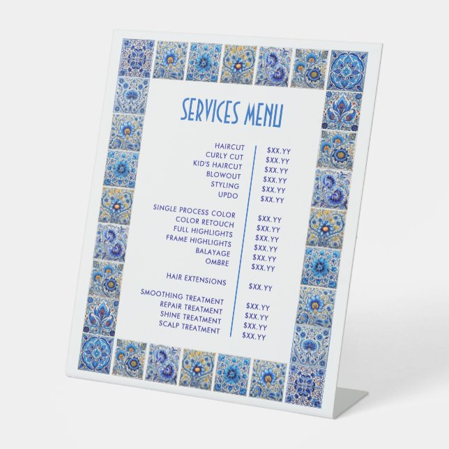Signe De Table Carrelage Bleu Méditerranéen Menu des services de  (Recto)