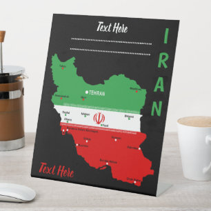 Signe De Table Carte de l'Iran avec drapeau et emblème