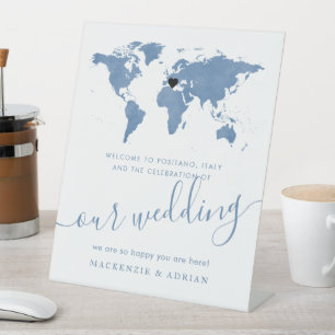 Signe De Table Carte du monde de destination Aquarelle bleu doux 