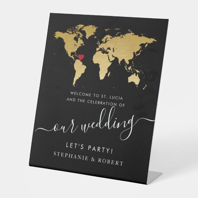 Signe De Table Carte du monde Destination Mariage Or Black Welcom (Recto)
