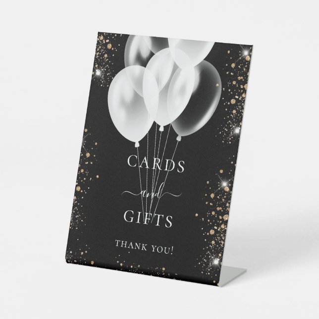 Signe De Table Cartes cadeaux invités ballons dorés noirs (Recto)