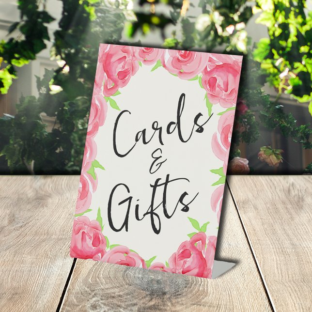 Signe De Table Cartes de Fête des mariées et cadeaux Chic Roses (Pink Roses Bridal Shower Cards and Gifts Pedestal Sign)