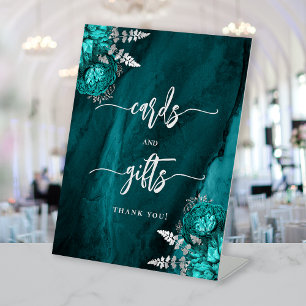 Signe De Table Cartes de mariage florales argent bleu sarcelle ch