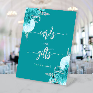 Signe De Table Cartes de mariage florales argentées turquoise chi