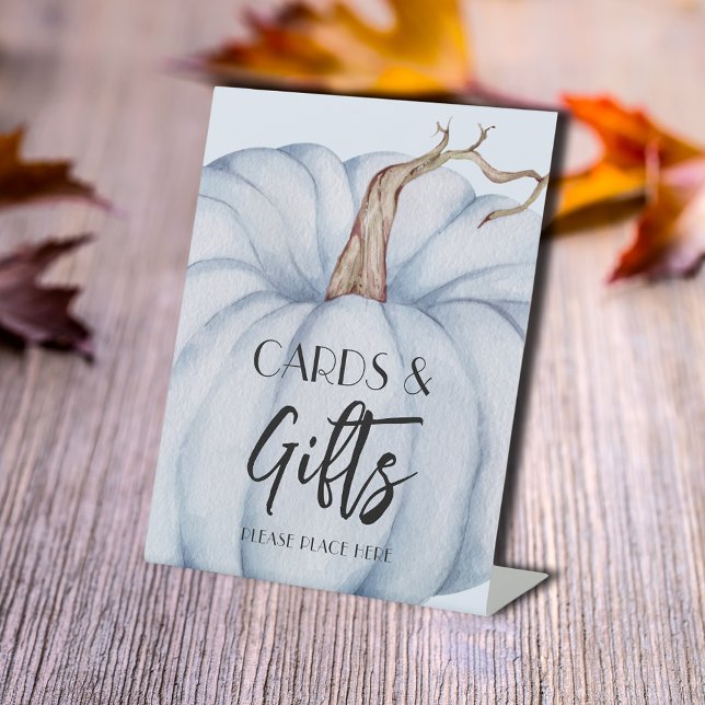 Signe De Table Cartes et cadeaux Baby shower Citrouille bleu (Cards and Gifts blue pumpkin boy baby shower tabletop pedestal sign)