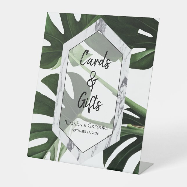 Signe De Table Cartes et cadeaux de mariage en marbre de Monstera (Recto)