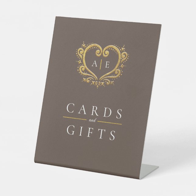 Signe De Table Cartes mariages Brown or coeur monogramme cadeaux (Recto)