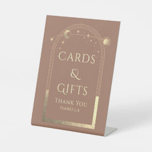 Signe De Table Céleste Mocha Gold Sun Moon Stars Cartes et cadeau