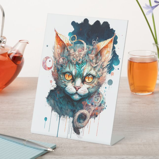 Signe De Table Chat aquarelle en style steampunk (In SItu)