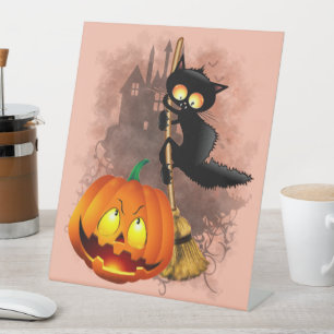 Signe De Table Chat effrayé par Citrouille Fun Halloween caractèr
