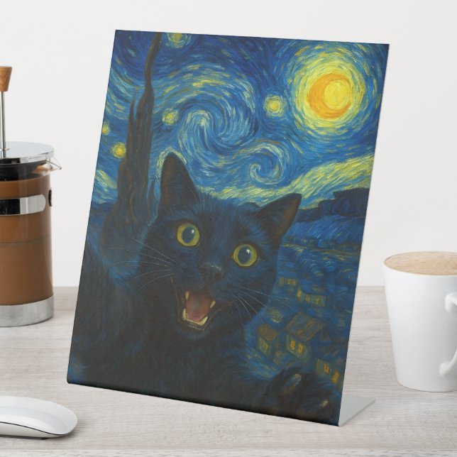 Signe De Table Chat noir Starry Nuit Van Gogh Chat Selfie (In SItu)
