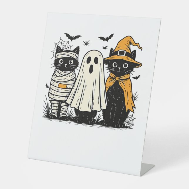 Signe De Table Chats noirs en costumes d'Halloween - Ghost, Witch (Recto)