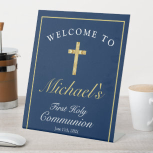 Signe De Table Chic Blue Gold Cross Boys Première communion Bienv
