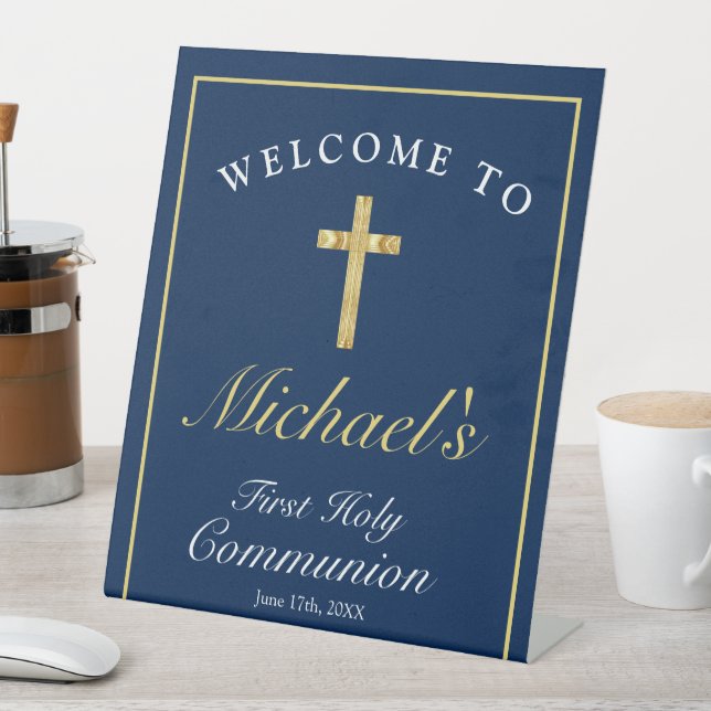 Signe De Table Chic Blue Gold Cross Boys Première communion Bienv (In SItu)