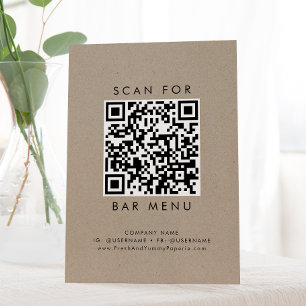 Signe De Table Chic Faux Kraft Typographie Bar Menu QR Code