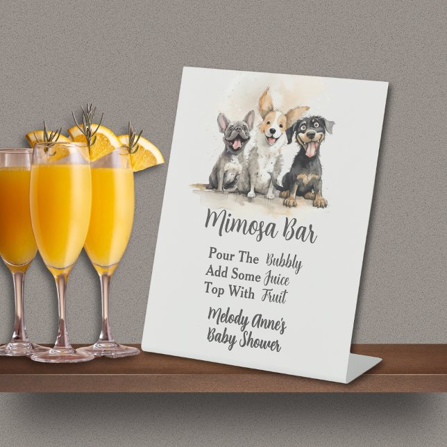 Signe De Table Chien Chien Puppy Tails Baby shower Garçon Mimosa  (Puppy Dog Tails Baby Shower Mimosa Bar Pedestal Sign with Watercolor Playful Puppies, Mom's Name.
)