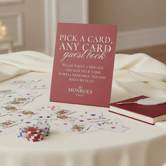 Signe De Table Classic Luxury Red Green Playing Card Livre d'or (Add a creative twist to your guestbook with this Old Money Bold Red Playing Card Guest Book Sign!)