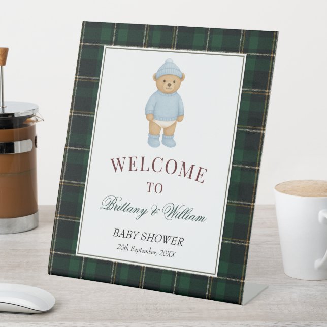Signe De Table Classic Preppy Bear Designer Plaid Baby Shower (In SItu)