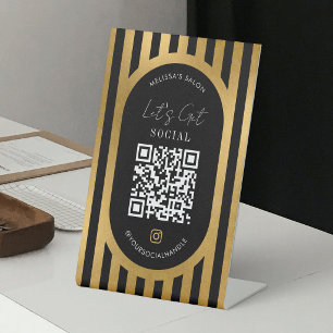 Signe De Table Code QR Chic Bandes Noires et Dorées pour les Rése