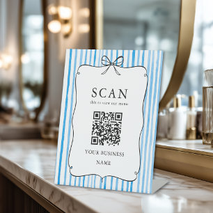 Signe De Table Code QR de menu à l'enseigne de ruban vintage bleu