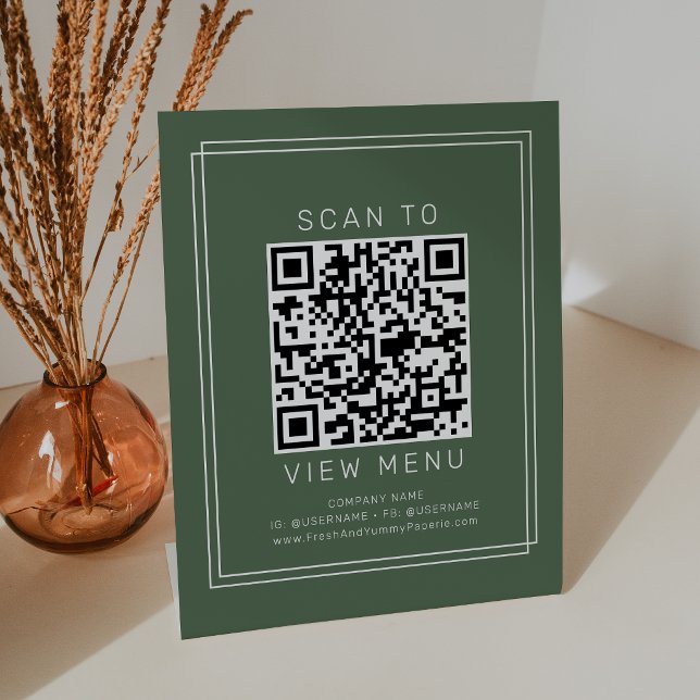 Signe De Table Code QR de menu de restaurant vert foncé rustique  (AVERY Rustic Dark Green Restaurant Menu QR Code Pedestal Sign)