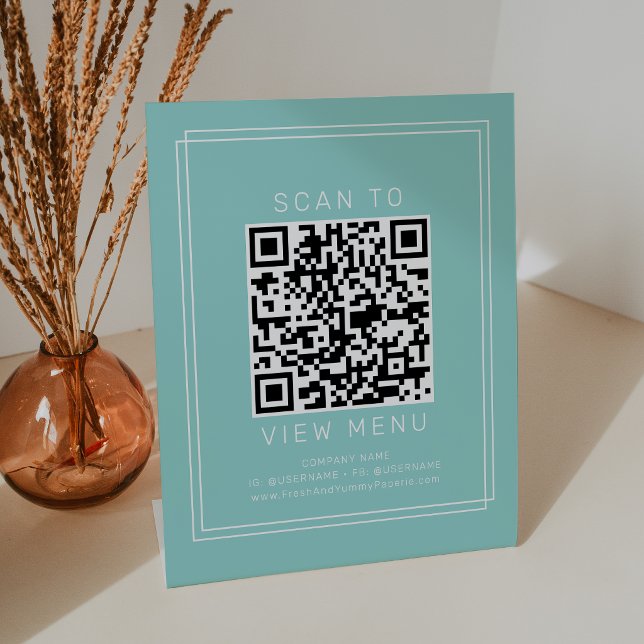 Signe De Table Code QR de menu de restaurant vert menthe moderne  (AVERY Modern Mint Green Restaurant Menu QR Code Pedestal Sign)
