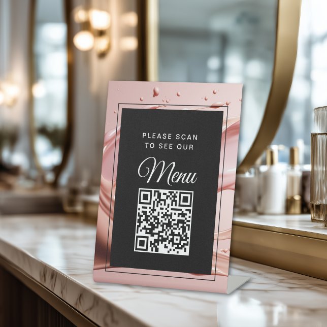 Signe De Table Code QR de menu numérique Rose Blush (Pink Blush QR Code Digital Menu Pedestal Sign)