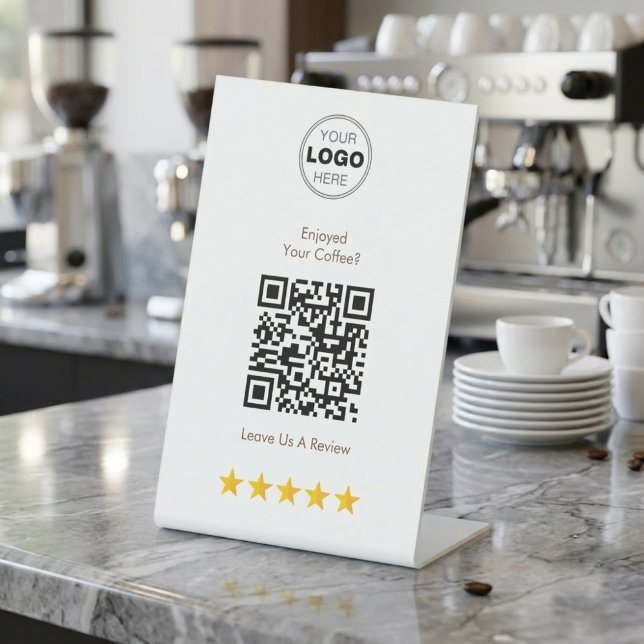 Signe De Table Code QR de révision de salon de café (Modern white L-shaped pedestal sign with a QR code and five gold stars for customer reviews.)