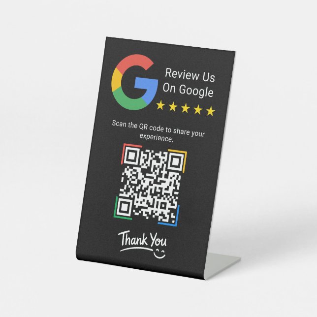 Signe De Table Code QR de révision Google simple moderne noir Ent (Recto)