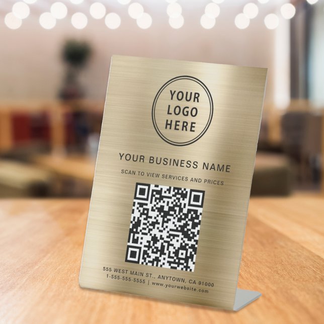 Signe De Table Code QR d'entreprise et logo Métal doré (Connect customers and clients to your desired website destination with a single scan)