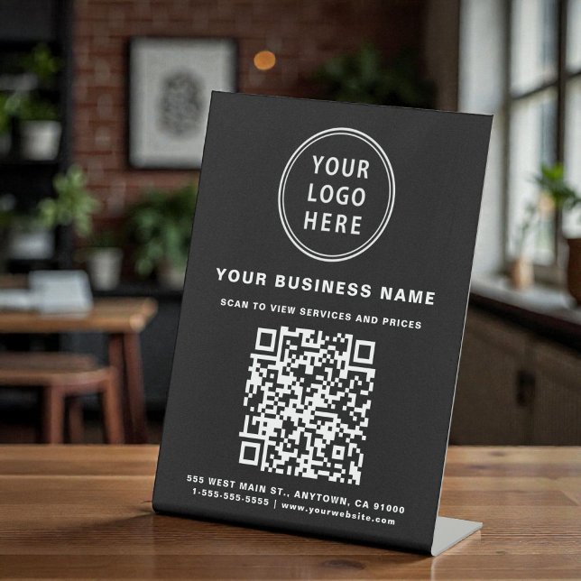 Signe De Table Code QR d'entreprise et logo noir (Business QR Code and Logo Black Pedestal Sign)
