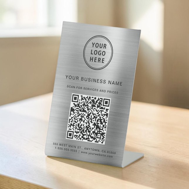 Signe De Table Code QR du logo d'entreprise Scannez pour vous con (Business Logo QR Code Scan To Connect Silver Pedestal Sign)