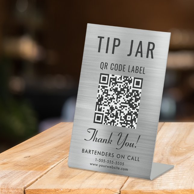 Signe De Table Code QR du pot à pourboire argenté sur socle (Empower your customers to tip conveniently and securely with just a scan – no more fumbling for cash)