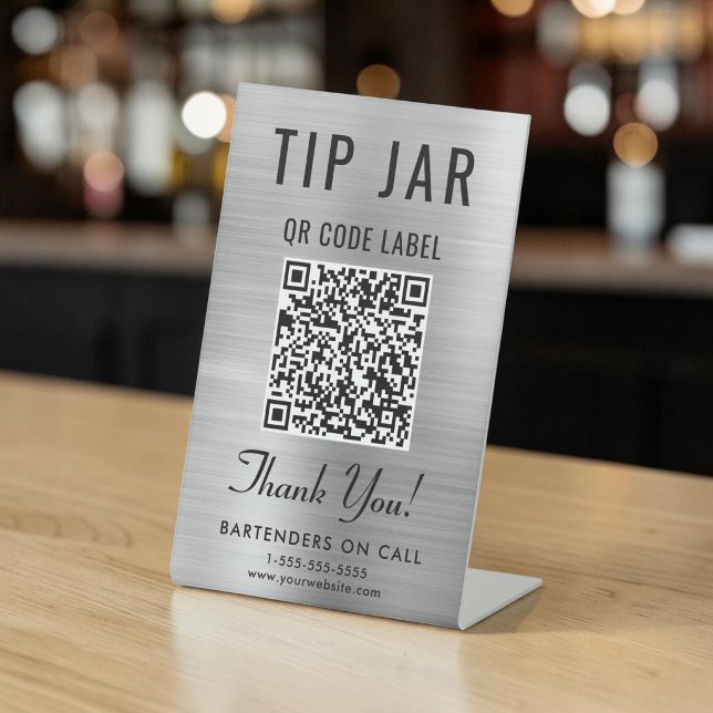 Signe De Table Code QR du pot à pourboires argenté pour table (Tip Jar QR Code Silver Tabletop Pedestal Sign)