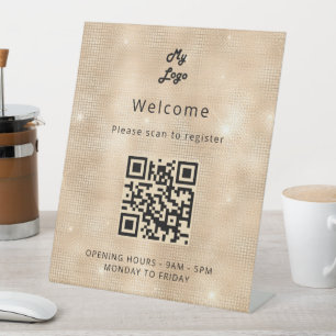 Signe De Table Code QR enregistrement client or bienvenue