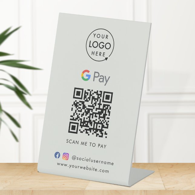 Signe De Table Code QR Google Pay | Gris de paiement sans contact (Interactive "scan to pay” QR code cash wrap table sign for collecting digital payment by Google Pay.)