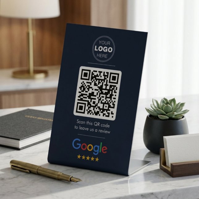 Signe De Table Code QR Logo Avis Google Navy Foncé (Dark Navy Google Review QR Code Sign | Premium Logo Pedestal Display)