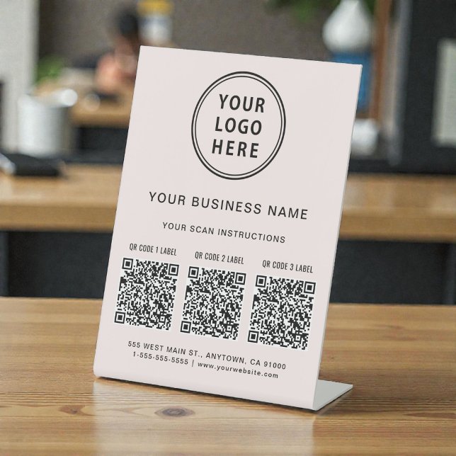 Signe De Table Code QR Logo Entreprise 3 Rose (Business Logo 3 QR Codes Pink Pedestal Sign)