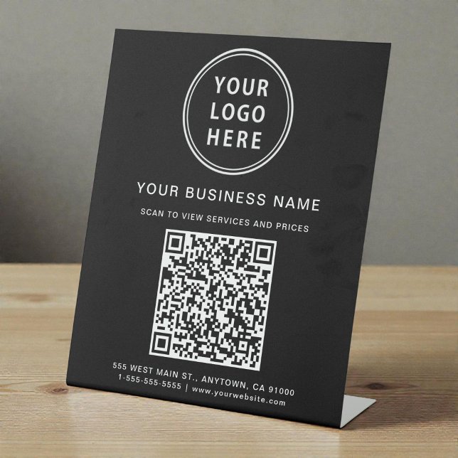 Signe De Table Code QR Logo Entreprise Noir (Business Logo QR Code Black Pedestal Sign)