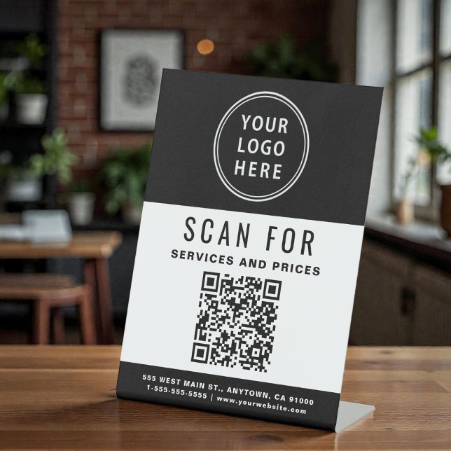 Signe De Table Code QR Logo Entreprise Noir Blanc (Business QR Code Logo Black White Pedestal Sign)