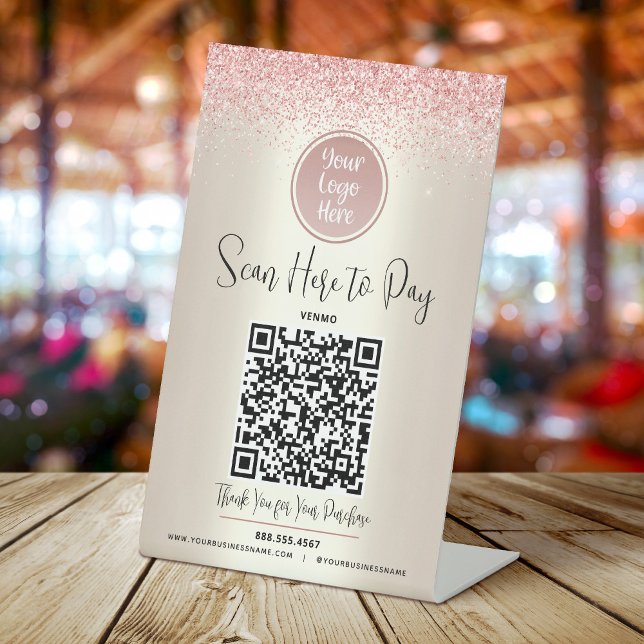 Signe De Table Code QR Logo personnalisé Parties scintillant rose (Créateur téléchargé)