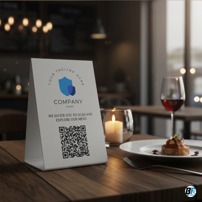 Signe De Table Code QR Menu Blanc Logo Moderne Élégant Restaurant (Créateur téléchargé)