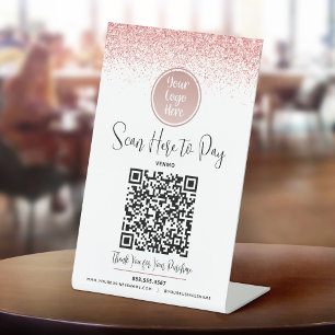 Signe De Table Code QR Parties scintillant rose Logo personnalisé