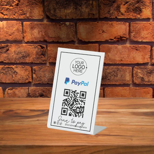 Signe De Table Code QR PayPal - Logo de paiement Script de logos  (PayPal QR Code Payment Logo Script Social Media Pedestal Sign)