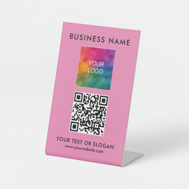 Signe De Table Code QR personnalisé Logo d'affaires élégant rose  (Recto)