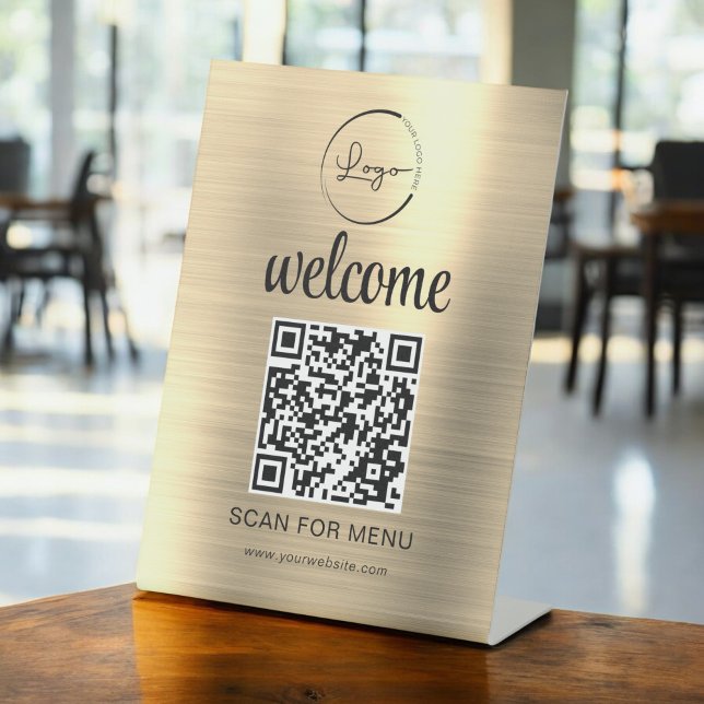 Signe De Table Code QR personnalisé or menu texte affaires modern (Créateur téléchargé)