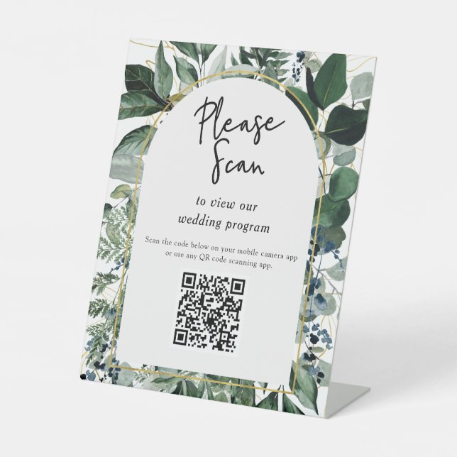 Signe De Table Code QR programme de mariage Moderne Botanique Ver (Recto)
