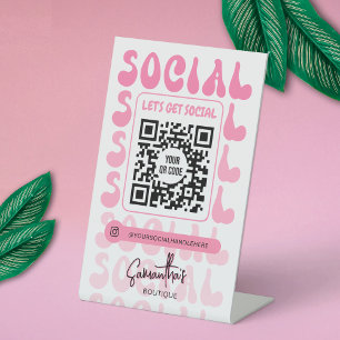 Signe De Table Code QR Réseaux Sociaux Logo Moderne Rose Rétro