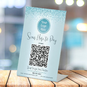 Signe De Table Code QR Turquoise Pailleté Logo Personnalisé Payer