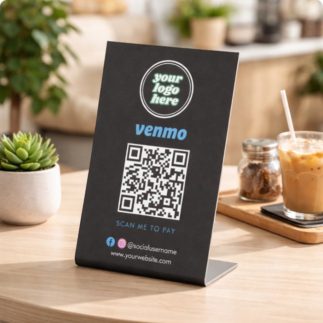 Signe De Table Code QR Venmo de paiement | Scannez pour payer le  (QR Code Black Menu Logo Contactless Modern Cafe Pedestal Sign)